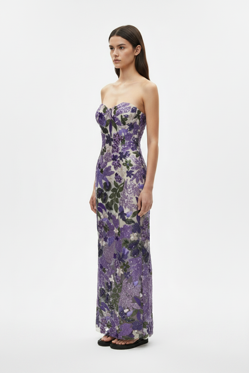 Purple Floral Embroidered Strapless Elegant Maxi Dress
