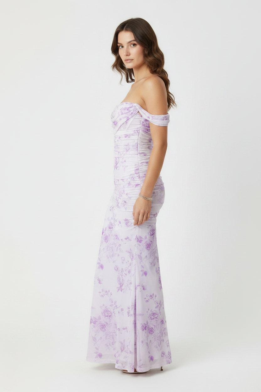 Lilac Floral Off-Shoulder Romantic Midi Dress
