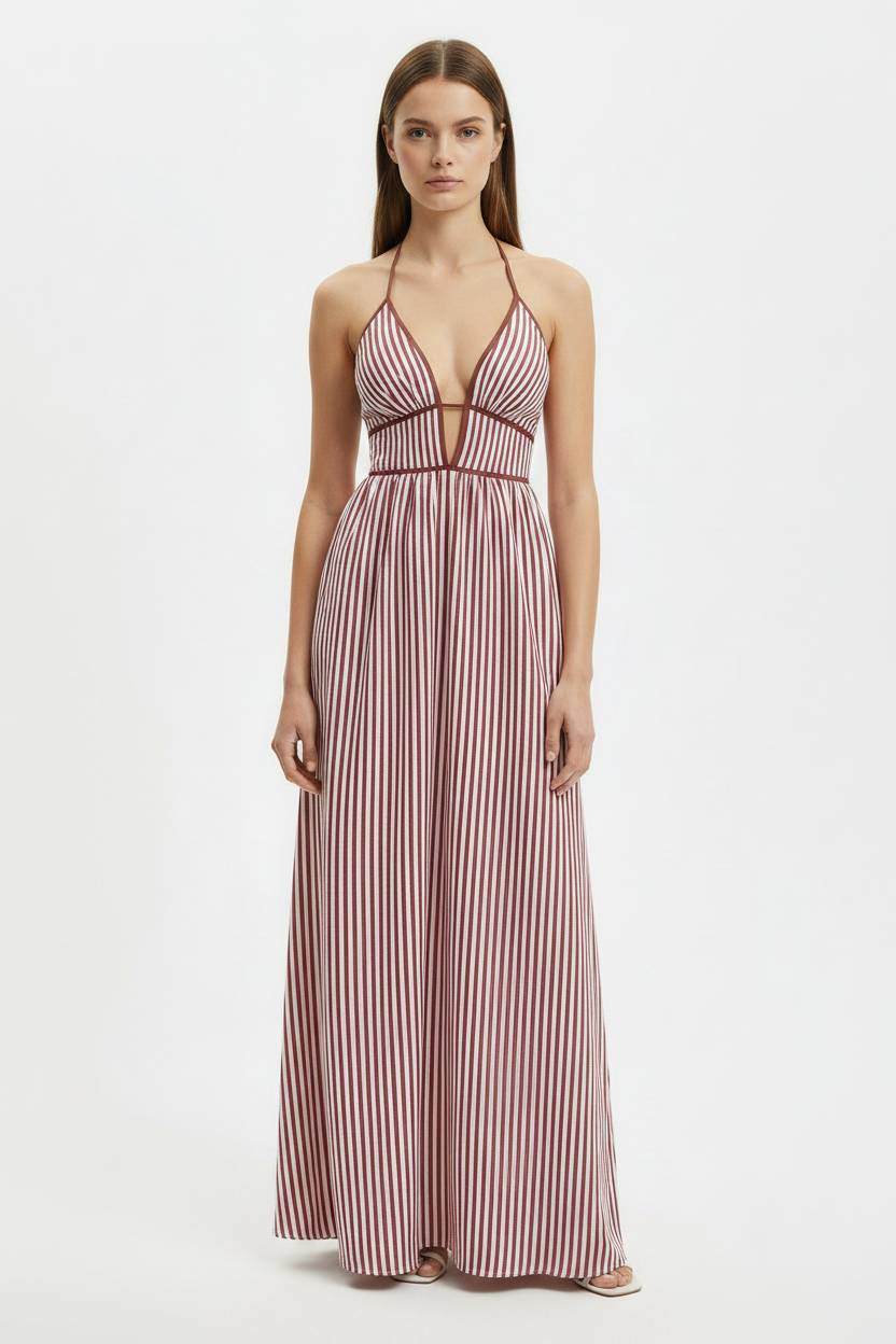Burgundy Striped Plunge Halter Summer Maxi Dress