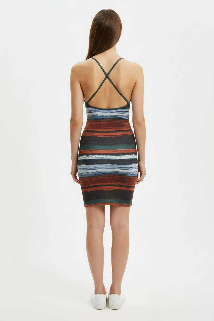 Rust Multi-Stripe Painterly Bodycon Mini Dress