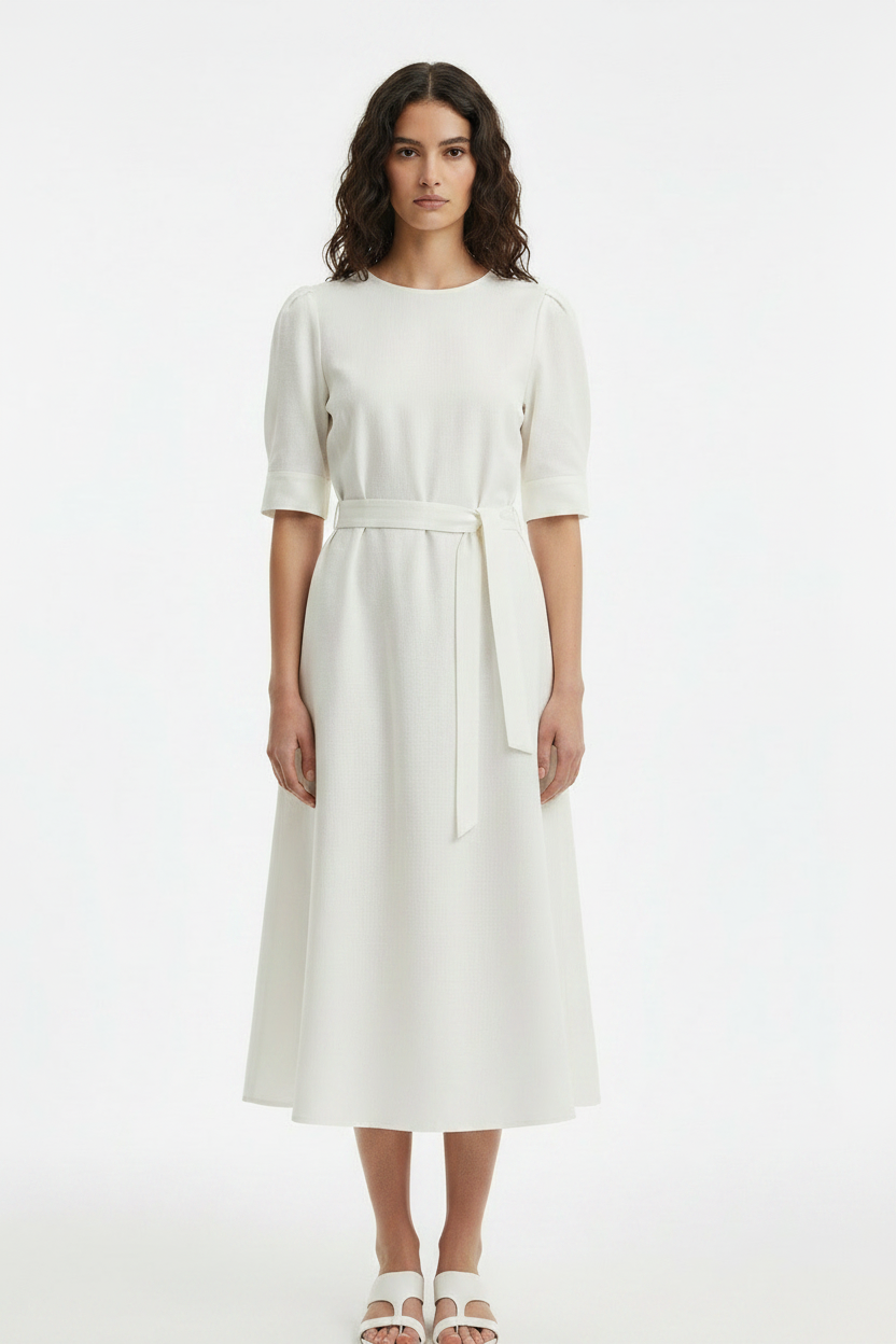 White Belted Short-Sleeve Tailored Work Midi Dress
