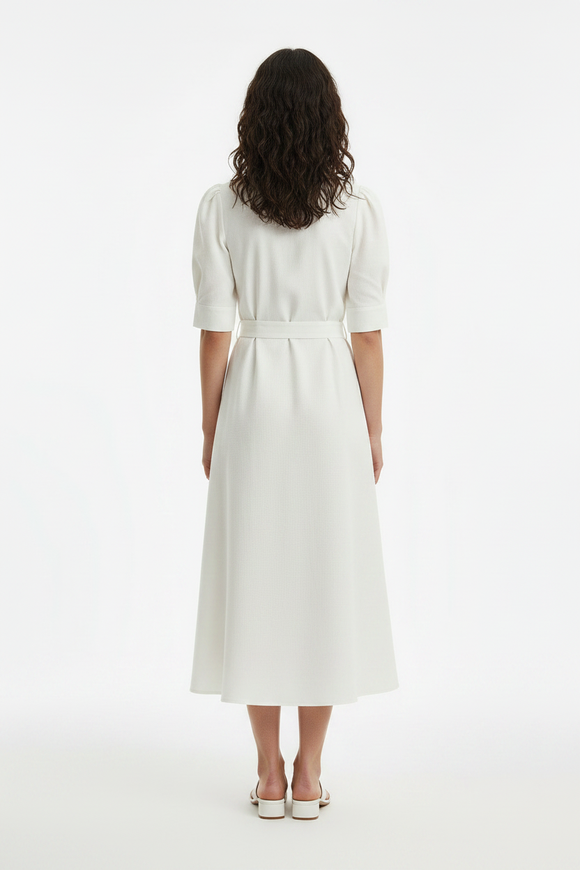 White Belted Short-Sleeve Tailored Work Midi Dress