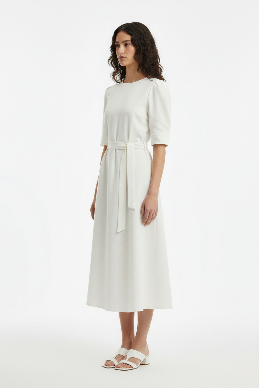 White Belted Short-Sleeve Tailored Work Midi Dress