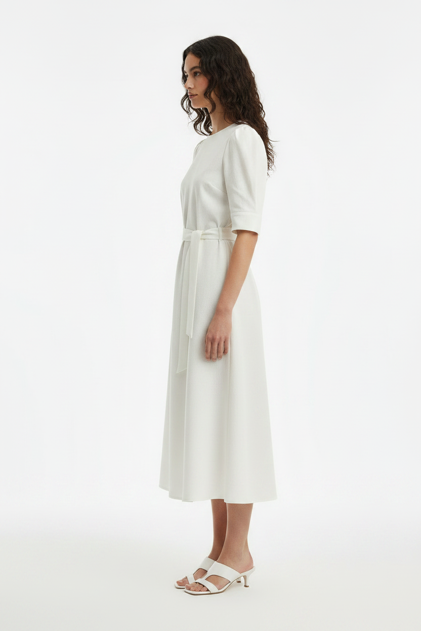 White Belted Short-Sleeve Tailored Work Midi Dress