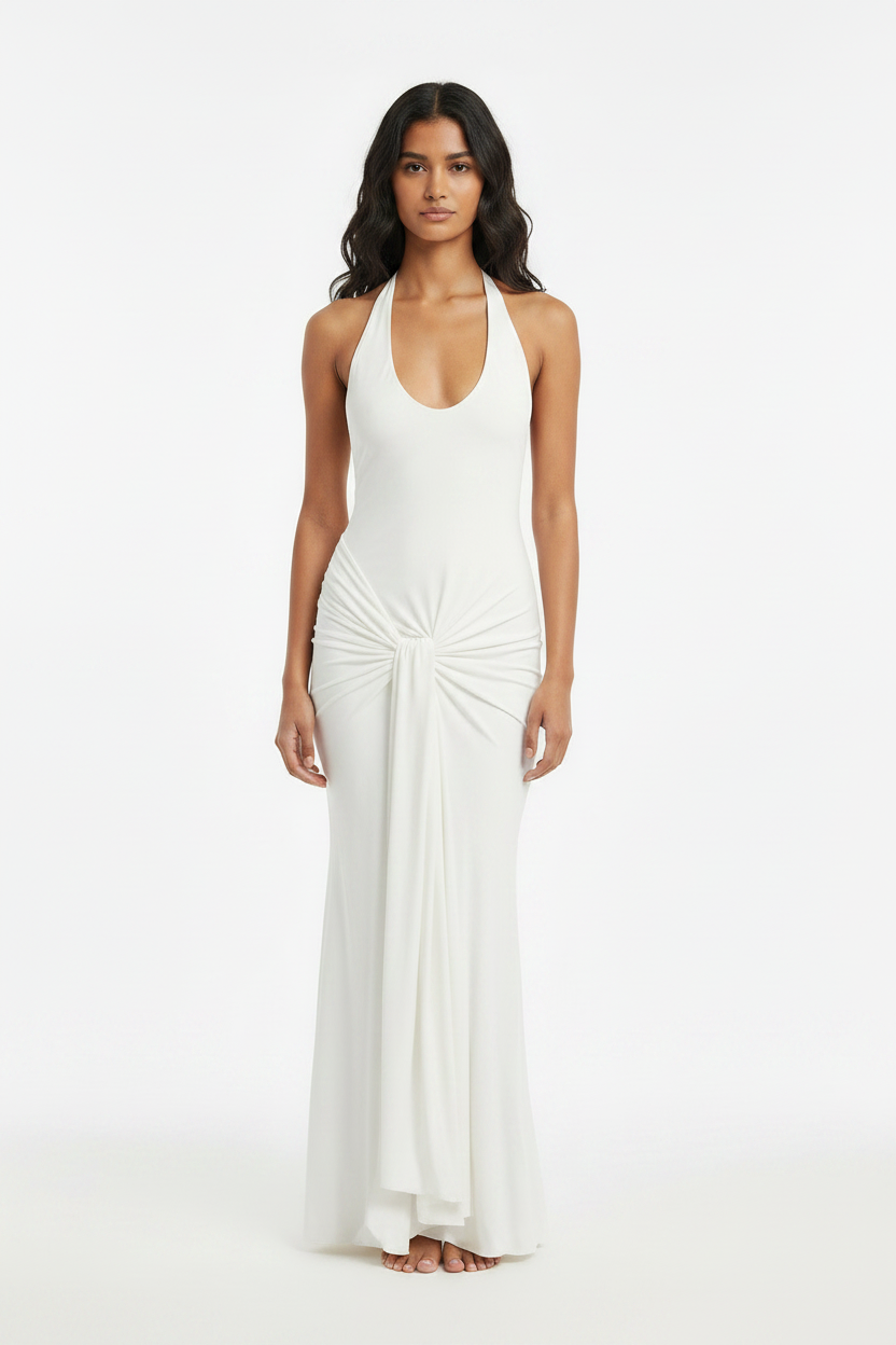 Light Blue Halter Knot Drape Bridesmaid Maxi Dress