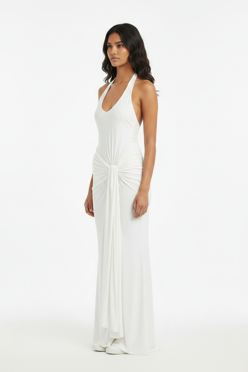 Light Blue Halter Knot Drape Bridesmaid Maxi Dress