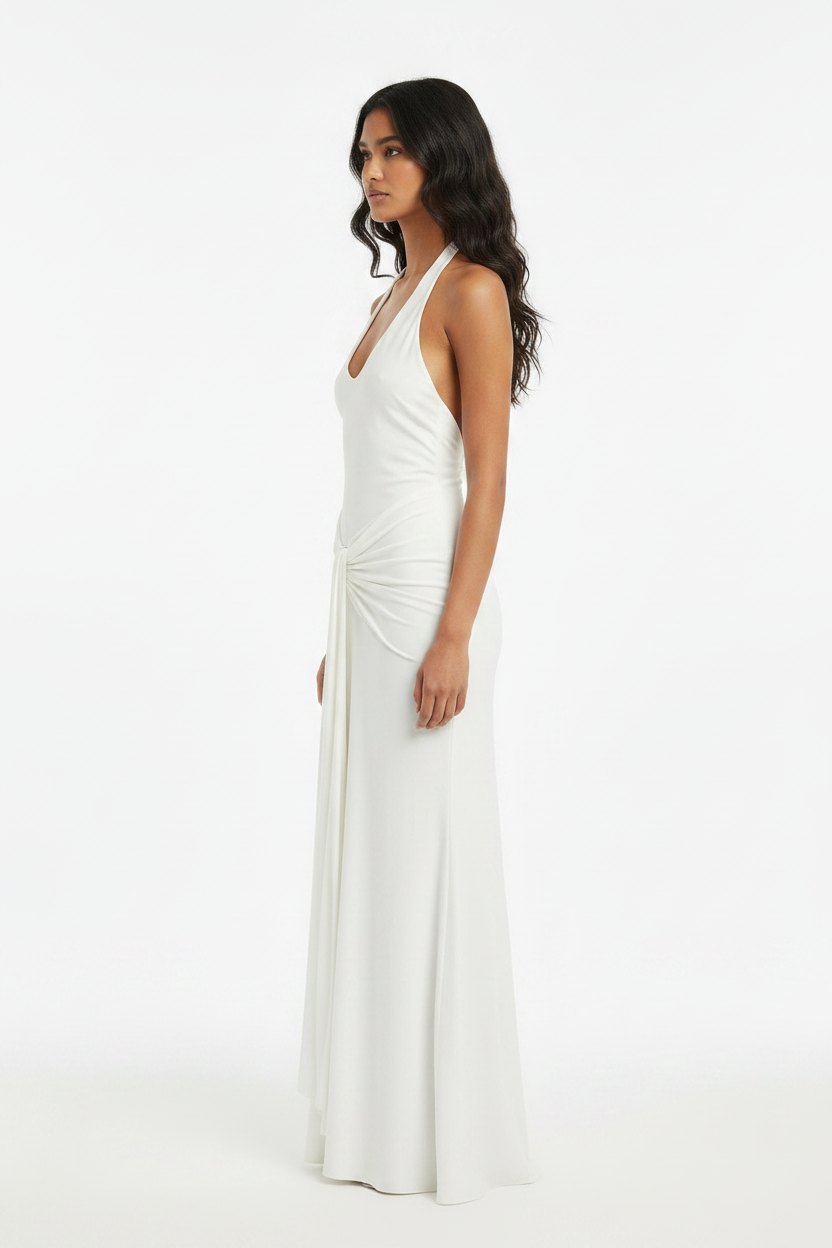 Light Blue Halter Knot Drape Bridesmaid Maxi Dress