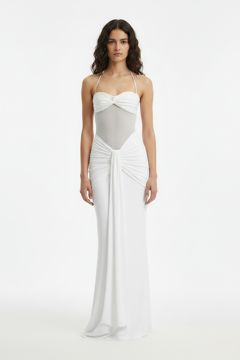 Light Teal Halter Mesh Ruched Elegant Party Maxi Dress