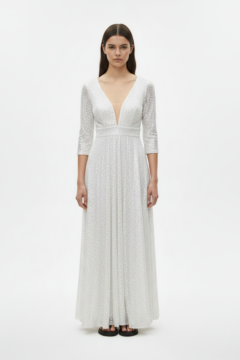 Blue Sequin Deep-V Long-Sleeve Prom Maxi Gown