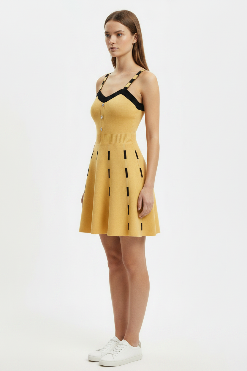 Yellow Contrast Knit Skater Chic Mini Dress