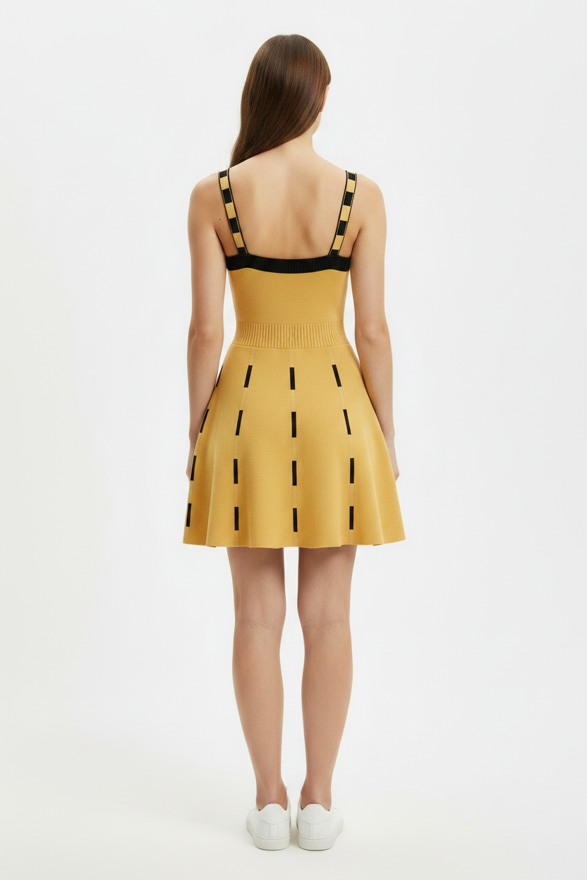 Yellow Contrast Knit Skater Chic Mini Dress