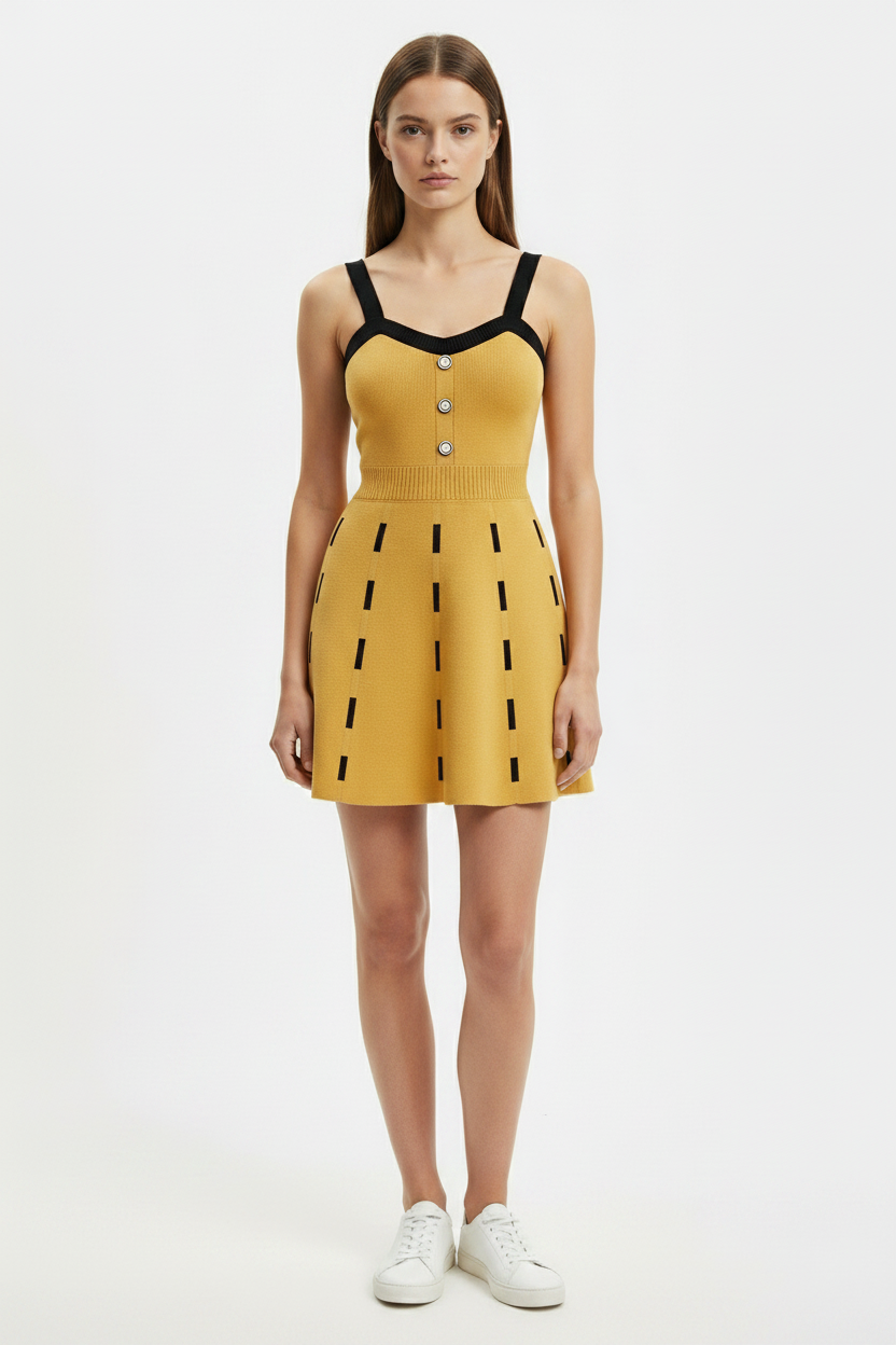 Yellow Contrast Knit Skater Chic Mini Dress