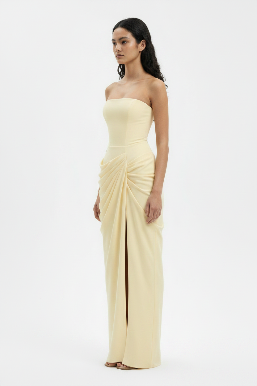 Blue Strapless Draped Elegant Bridesmaid Maxi Dress